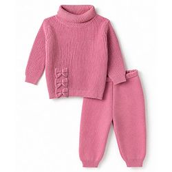 Babyhug Knit Full Sleeves Solid Colour Winter Wear Suit Set with Bow Applique - Pink