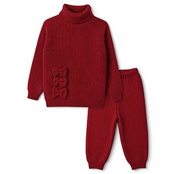 Babyhug Knit Full Sleeves Winter Wear Sets with Bow Applique - Red