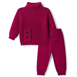 Babyhug Knit Full Sleeves Skivi Ribbed Winter Wear Top & Jogger Set Bow Applique - Fuschia