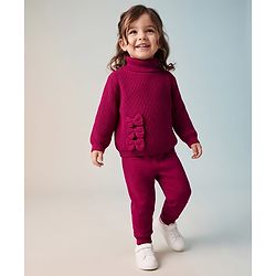 Babyhug Knit Full Sleeves Skivi Ribbed Winter Wear Top & Jogger Set Bow Applique - Fuschia