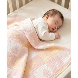 Babyhug 6 Layer 100% Cotton Baby Blanket - Blue & Pink| All-Season Lightweight Blanket| Soft & Breathable| Gentle on Baby's Skin| Unisex Baby Bedding Essential| Machine Washable| New Born Gifting