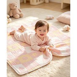Babyhug 6 Layer 100% Cotton Baby Blanket - Blue & Pink| All-Season Lightweight Blanket| Soft & Breathable| Gentle on Baby's Skin| Unisex Baby Bedding Essential| Machine Washable| New Born Gifting