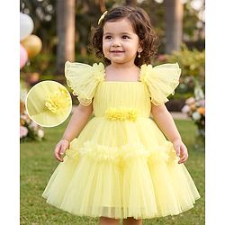 Babyhug Mesh Woven Half Sleeves Solid Party Dress With Corsage - Yellow