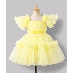Babyhug Mesh Woven Half Sleeves Solid Party Dress With Corsage - Yellow