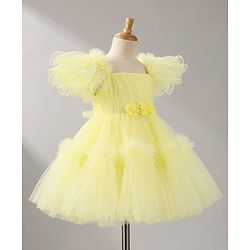 Babyhug Mesh Woven Half Sleeves Solid Party Dress With Corsage - Yellow