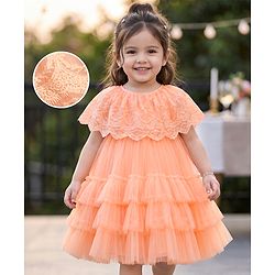 Babyhug Mesh Woven Sleeveless Layered Party Dress With Embroidery - Peach