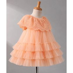 Babyhug Mesh Woven Sleeveless Layered Party Dress With Embroidery - Peach