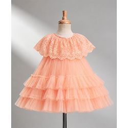 Babyhug Mesh Woven Sleeveless Layered Party Dress With Embroidery - Peach