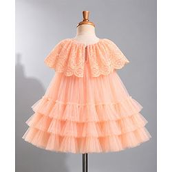 Babyhug Mesh Woven Sleeveless Layered Party Dress With Embroidery - Peach
