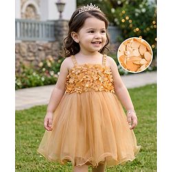 Babyhug Mesh Woven Sleeveless Party Dress With Floral Applique & Pearl Embellishment  - Yellow