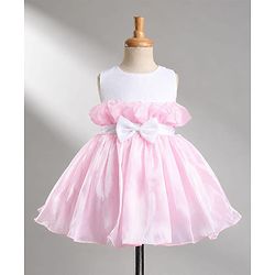 Babyhug Organza Woven Sleeveless Party Frock With Bow Applique - Pink & White