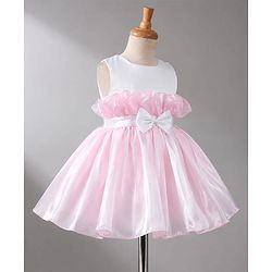 Babyhug Organza Woven Sleeveless Party Frock With Bow Applique - Pink & White