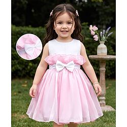 Babyhug Organza Woven Sleeveless Party Frock With Bow Applique - Pink & White