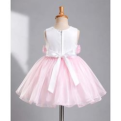 Babyhug Organza Woven Sleeveless Party Frock With Bow Applique - Pink & White