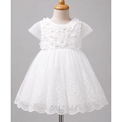 Babyhug Mesh Woven Cap Sleeves Solid Colour Frock with Floral Applique - White