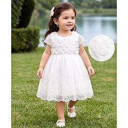 Babyhug Mesh Woven Cap Sleeves Solid Colour Frock with Floral Applique - White