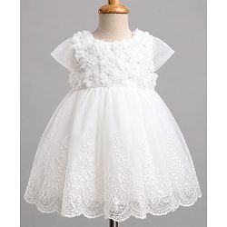 Babyhug Mesh Woven Cap Sleeves Solid Colour Frock with Floral Applique - White