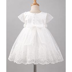 Babyhug Mesh Woven Cap Sleeves Solid Colour Frock with Floral Applique - White