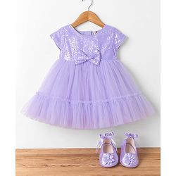 Babyhug Mesh Woven Half Sleeves Sequinned Party Dress With Bow Applique & Booties - Lilac
