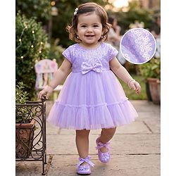 Babyhug Mesh Woven Half Sleeves Sequinned Party Dress With Bow Applique & Booties - Lilac