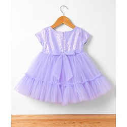 Babyhug Mesh Woven Half Sleeves Sequinned Party Dress With Bow Applique & Booties - Lilac