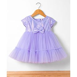 Babyhug Mesh Woven Half Sleeves Sequinned Party Dress With Bow Applique & Booties - Lilac