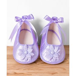 Babyhug Mesh Woven Half Sleeves Sequinned Party Dress With Bow Applique & Booties - Lilac