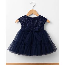 Babyhug  Mesh Woven Half Sleeves Party Dress With Sequin Detailing & Booties - Navy Blue