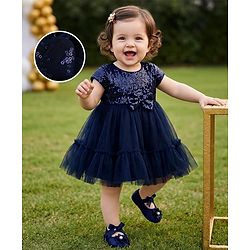 Babyhug  Mesh Woven Half Sleeves Party Dress With Sequin Detailing & Booties - Navy Blue