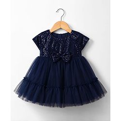 Babyhug  Mesh Woven Half Sleeves Party Dress With Sequin Detailing & Booties - Navy Blue