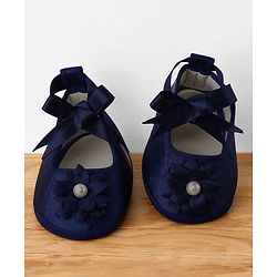 Babyhug  Mesh Woven Half Sleeves Party Dress With Sequin Detailing & Booties - Navy Blue