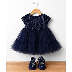 Babyhug  Mesh Woven Half Sleeves Party Dress With Sequin Detailing & Booties - Navy Blue