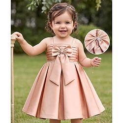 Babyhug Satin Woven Sleeveless Pleated Party Dress With Bow Applique & Embellishment - Brown