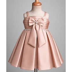 Babyhug Satin Woven Sleeveless Pleated Party Dress With Bow Applique & Embellishment - Brown