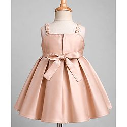 Babyhug Satin Woven Sleeveless Pleated Party Dress With Bow Applique & Embellishment - Brown