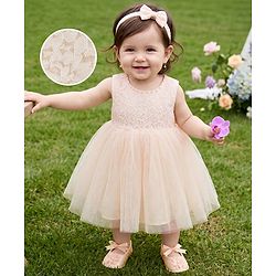 Babyhug Mesh Woven Sleeveless Solid Colour Party Dress with Bow Applique and Matching Booties - Ivory