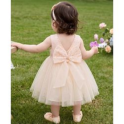 Babyhug Mesh Woven Sleeveless Solid Colour Party Dress with Bow Applique and Matching Booties - Ivory