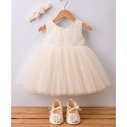 Babyhug Mesh Woven Sleeveless Solid Colour Party Dress with Bow Applique and Matching Booties - Ivory