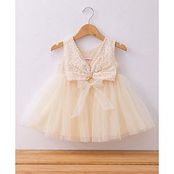 Babyhug Mesh Woven Sleeveless Solid Colour Party Dress with Bow Applique and Matching Booties - Ivory