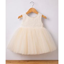 Babyhug Mesh Woven Sleeveless Solid Colour Party Dress with Bow Applique and Matching Booties - Ivory