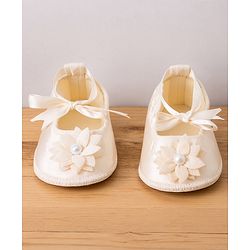 Babyhug Mesh Woven Sleeveless Solid Colour Party Dress with Bow Applique and Matching Booties - Ivory