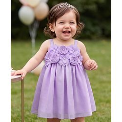 Babyhug Woven Sleeveless Dress with Floral Corsage & Pearl Embellishment - Lilac