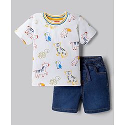 Babyhug Single Jersey Knit Half Sleeves Wild Animals Printed T-Shirt & Denim Shorts Set - White