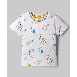 Babyhug Single Jersey Knit Half Sleeves Wild Animals Printed T-Shirt & Denim Shorts Set - White
