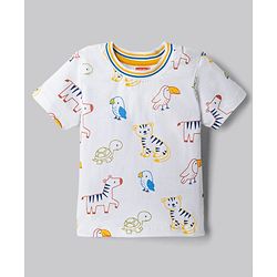 Babyhug Single Jersey Knit Half Sleeves Wild Animals Printed T-Shirt & Denim Shorts Set - White
