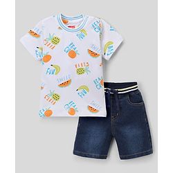Babyhug Single Jersey Knit Denim Half Sleeves T-Shirt & Shorts With Fruit Print - White & Navy Blue