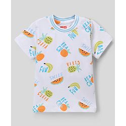 Babyhug Single Jersey Knit Denim Half Sleeves T-Shirt & Shorts With Fruit Print - White & Navy Blue