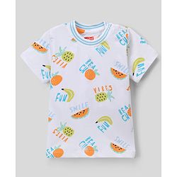 Babyhug Single Jersey Knit Denim Half Sleeves T-Shirt & Shorts With Fruit Print - White & Navy Blue