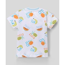 Babyhug Single Jersey Knit Denim Half Sleeves T-Shirt & Shorts With Fruit Print - White & Navy Blue
