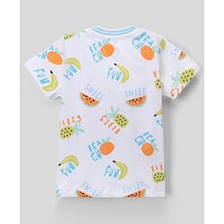 Babyhug Single Jersey Knit Denim Half Sleeves T-Shirt & Shorts With Fruit Print - White & Navy Blue